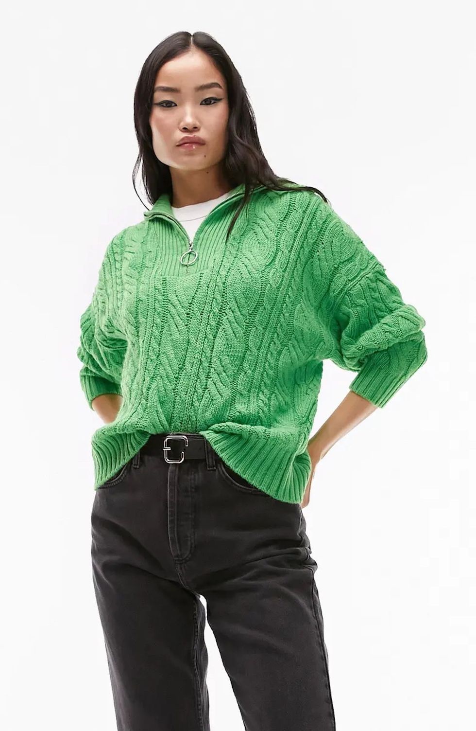 TOPSHOP Cable Knit Half Zip Sweater