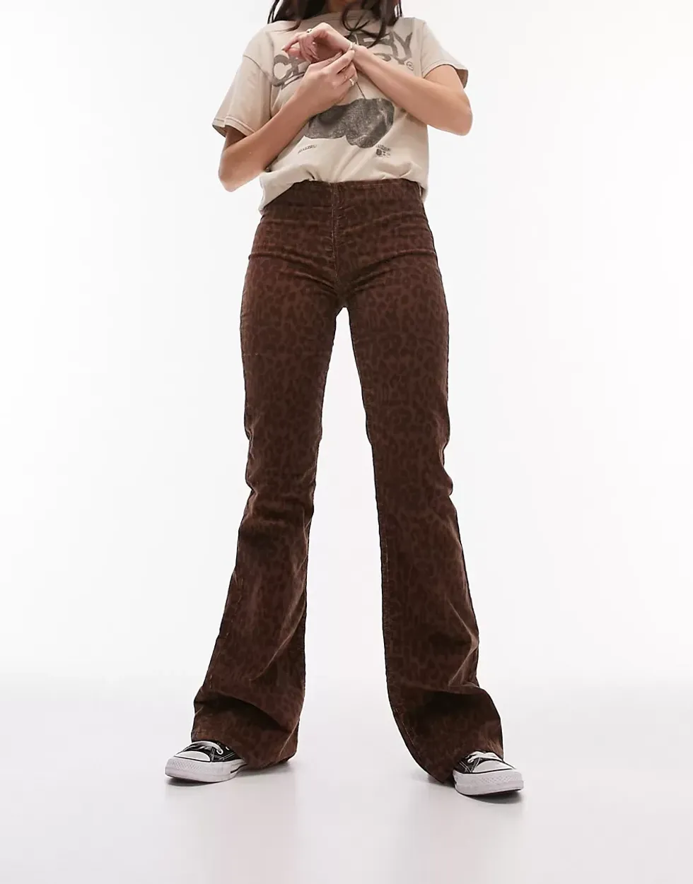 Topshop leopard print low rise cord flare pants in multi