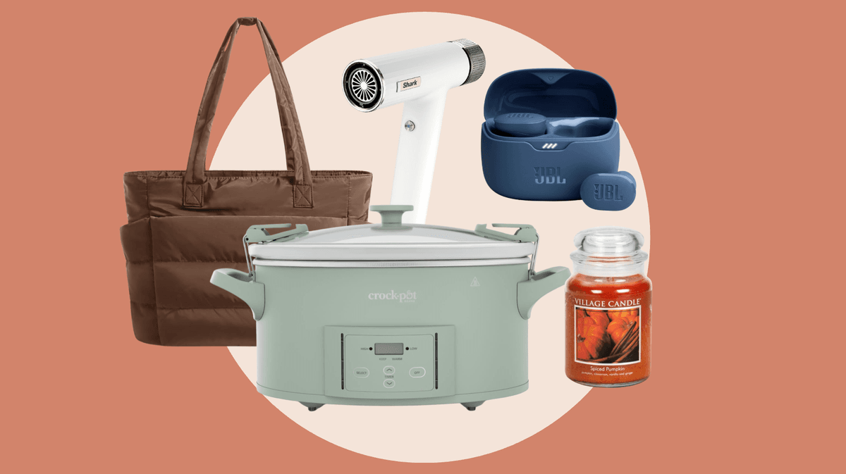 Tote bag, hair dryer, earbuds, Crock-Pot, and spiced pumpkin candle on a stylized background.