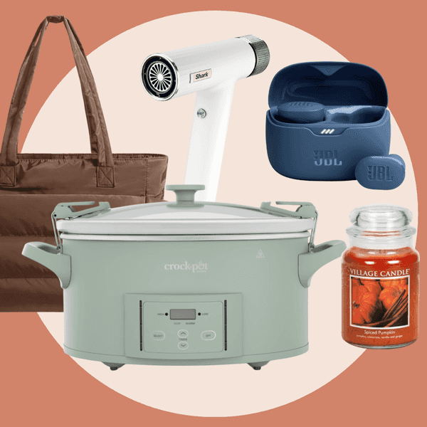Tote bag, hair dryer, earbuds, Crock-Pot, and spiced pumpkin candle on a stylized background.