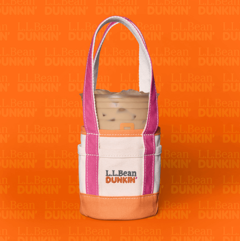 Tote holding iced coffee with L.L.Bean and Dunkin' branding, orange and pink background.