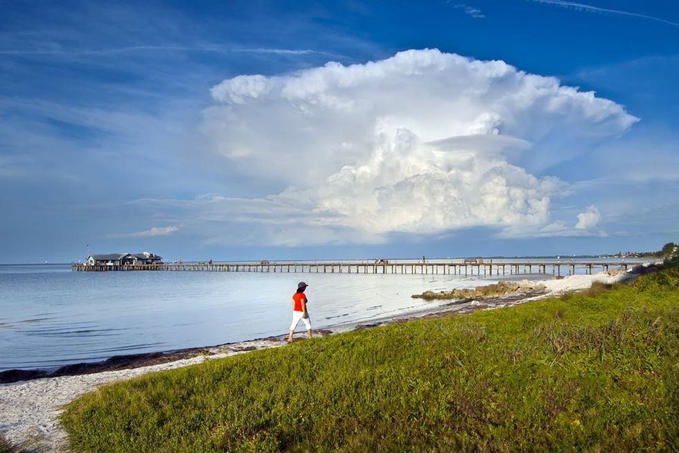 Tourist walks along the beach toward the City Pier on Anna Maria Island, Florida.
