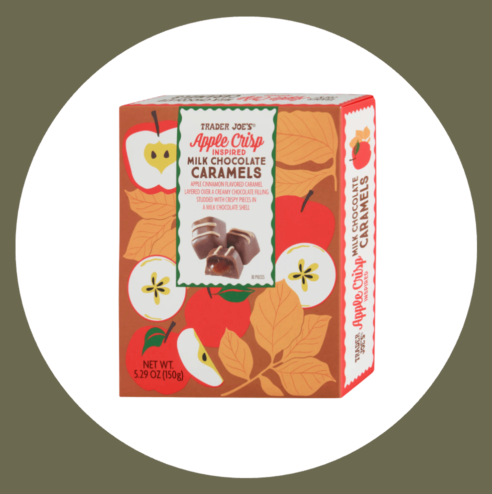 Trader Joe's Apple Crisp Milk Chocolate Caramels box with apple illustrations.