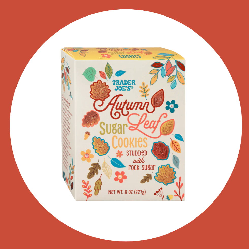 Trader Joe's Autumn Leaf Sugar Cookies box with colorful leaf designs.