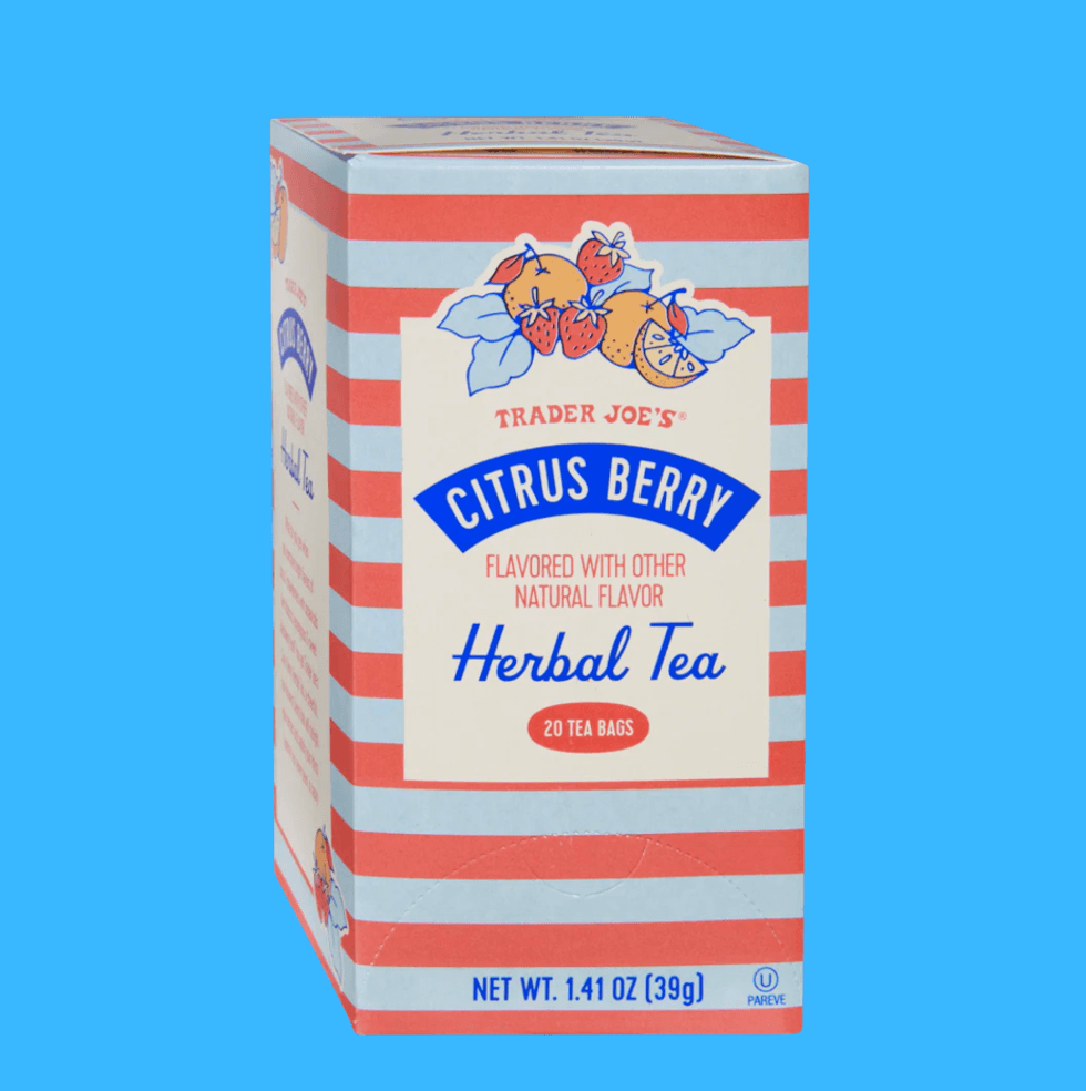 Trader Joe's Citrus Berry Herbal Tea box with red and blue stripes on a blue background.