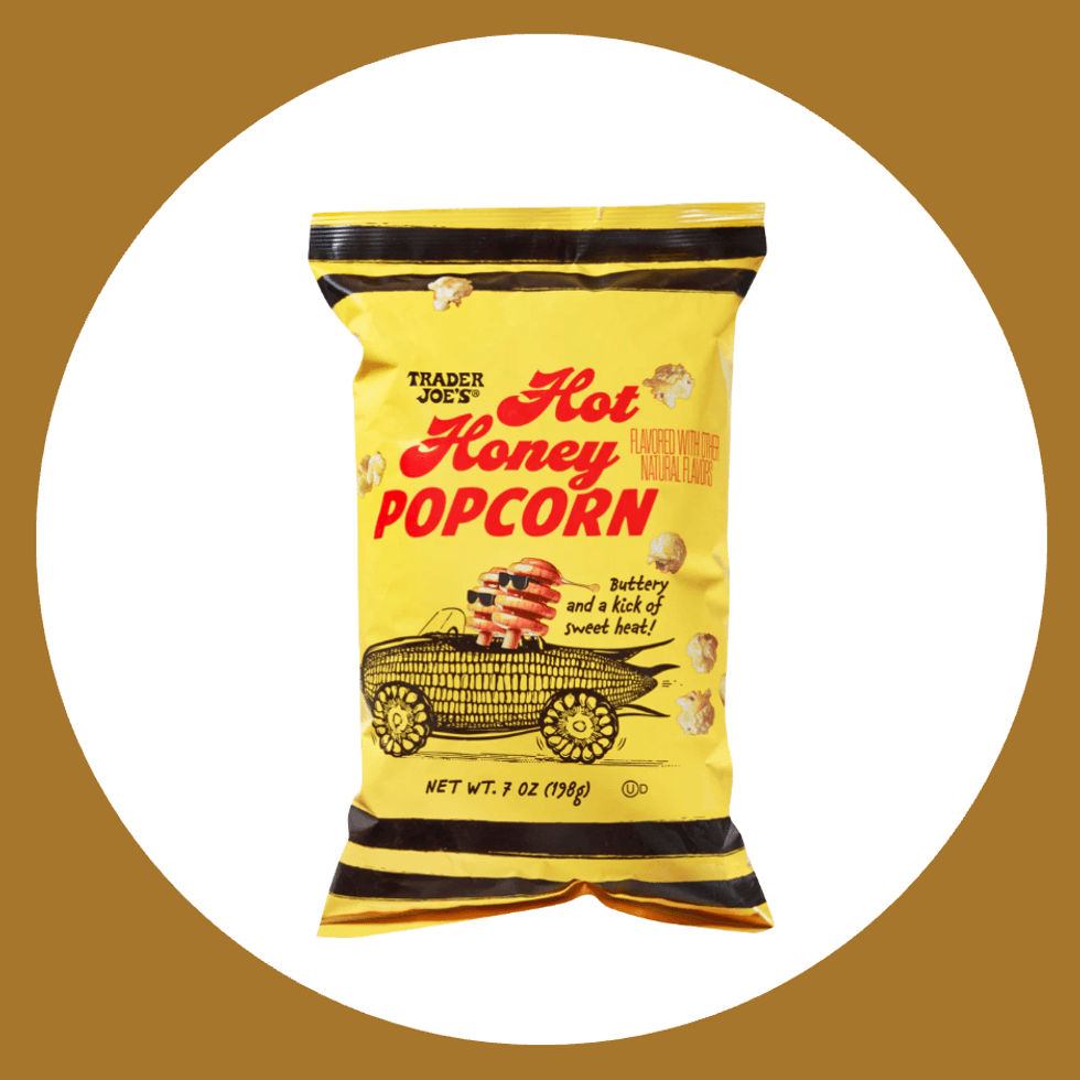 Trader Joe's Hot Honey Popcorn bag on a white background.