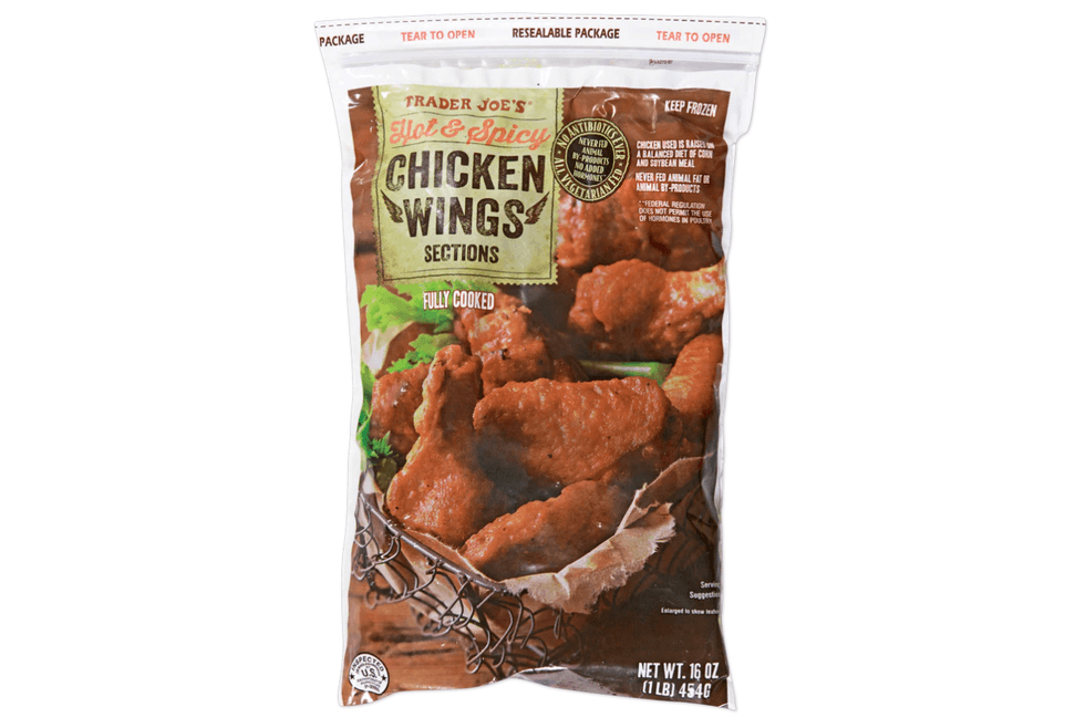 Trader Joe's Hot & Spicy Chicken Wings package, 16 oz, ready to cook.