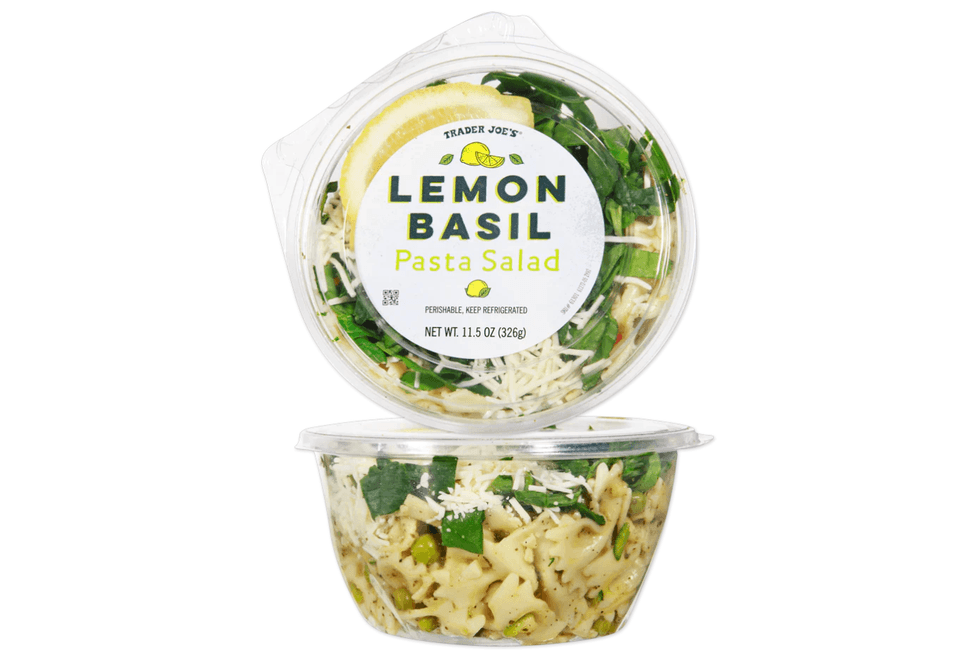 Trader Joe's Lemon Basil Pasta Salad in plastic container with label and visible ingredients.