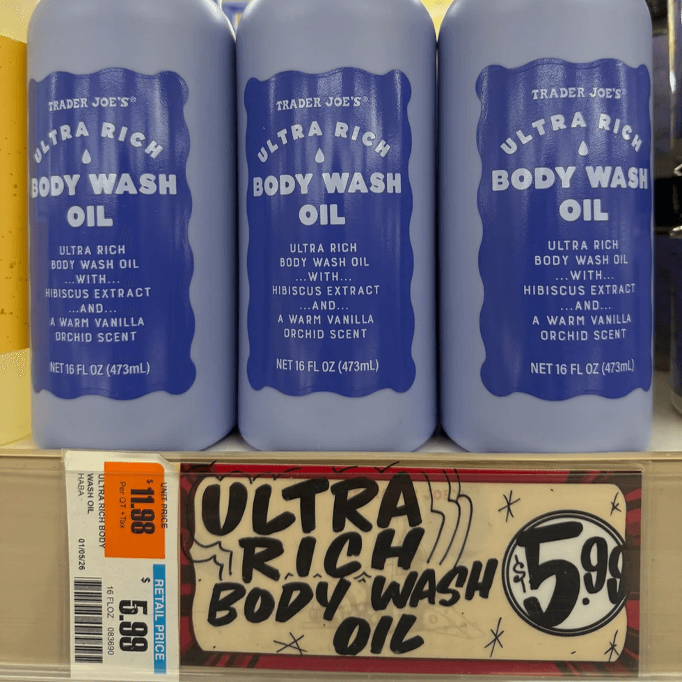 Trader Joe's new Ultra Rich Body Wash Oil on shelves in a store.