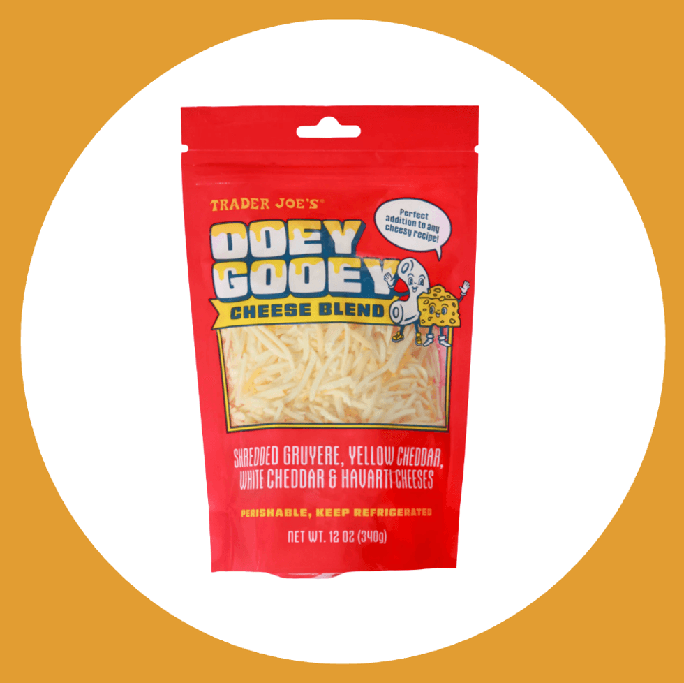 Trader Joe's Ooey Gooey Cheese Blend pack on an orange and white background.