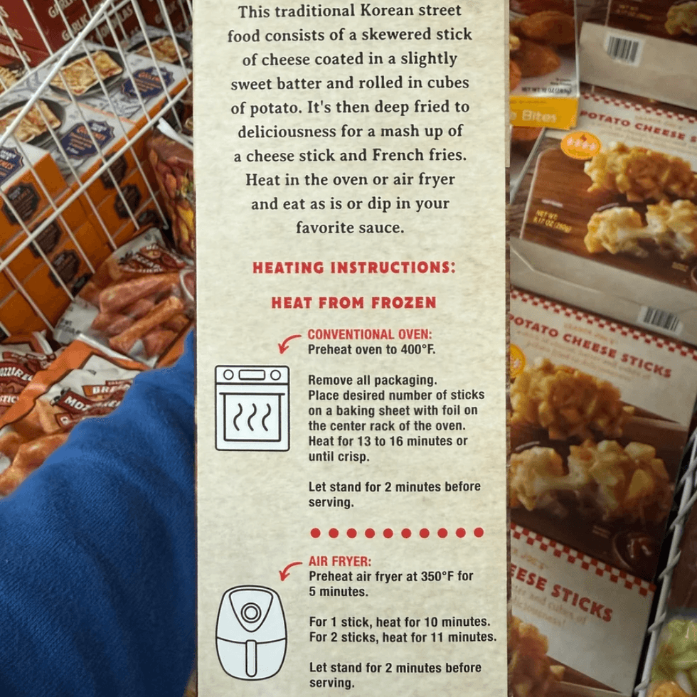 Trader Joe's Potato Cheese Sticks cooking instructions on box.