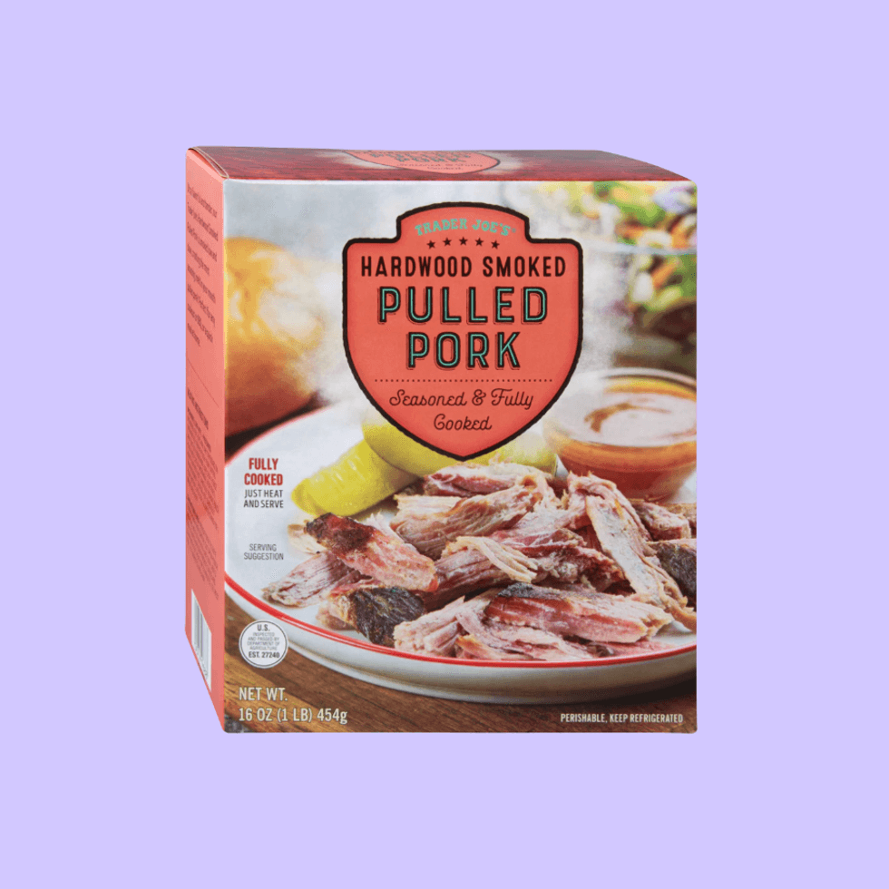 Trader Joe's pulled pork box on a lavender background.