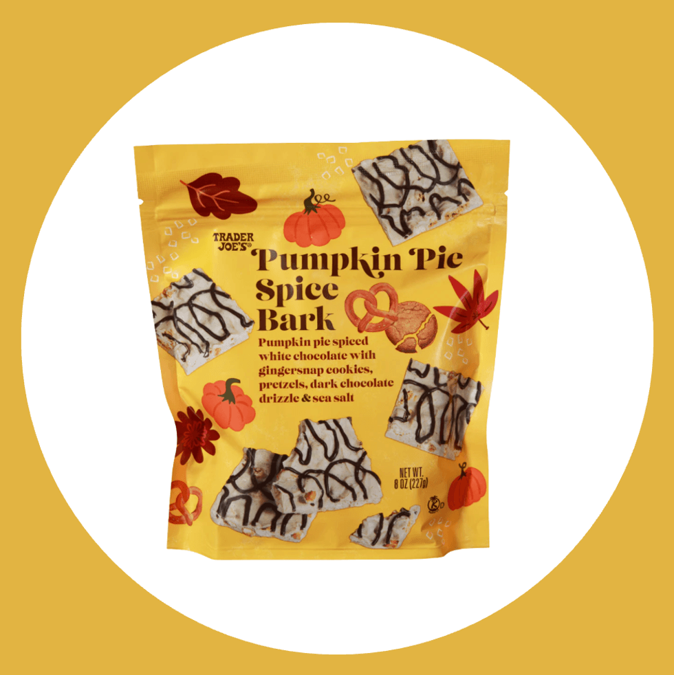 Trader Joe's Pumpkin Pie Spice Bark package with autumn-themed design.
