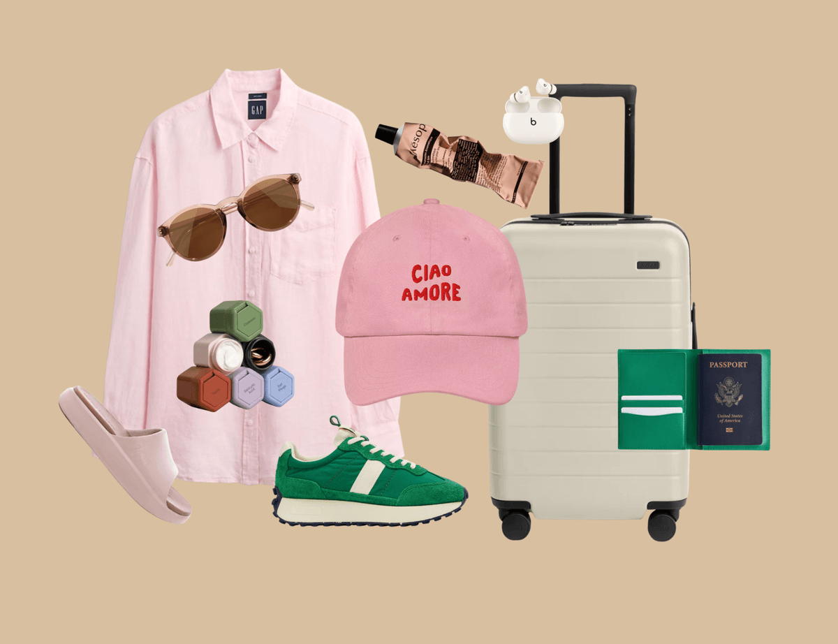 Travel essentials: shirt, sunglasses, skincare, cap, sneakers, slides, suitcase, passport.