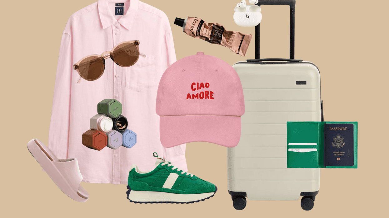 Travel essentials: shirt, sunglasses, skincare, cap, sneakers, slides, suitcase, passport.