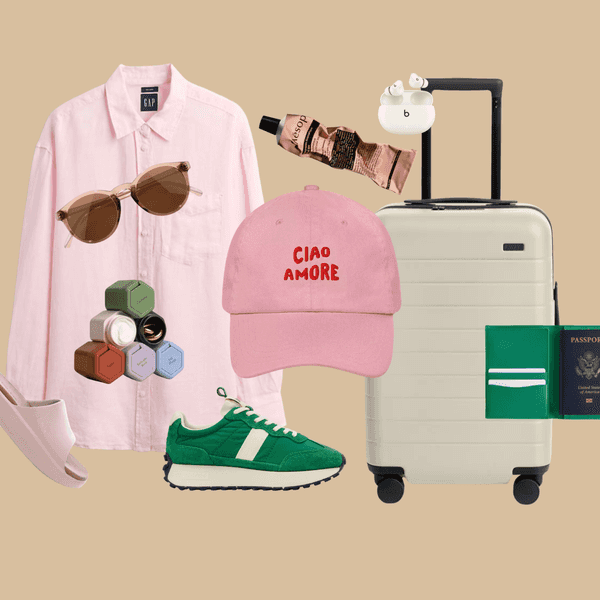 Travel essentials: shirt, sunglasses, skincare, cap, sneakers, slides, suitcase, passport.