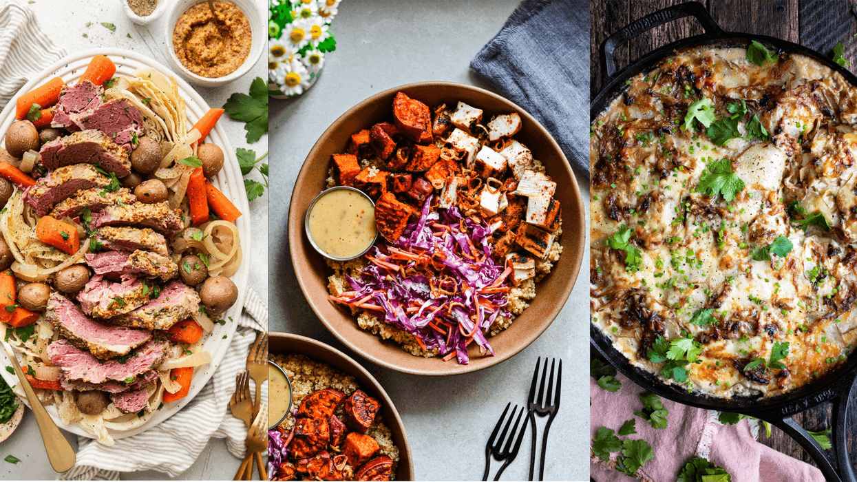 Trio of dishes: roast dinner, tofu salad with coleslaw, and cheesy potato gratin.