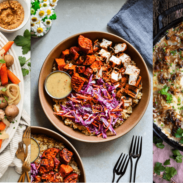 Trio of dishes: roast dinner, tofu salad with coleslaw, and cheesy potato gratin.
