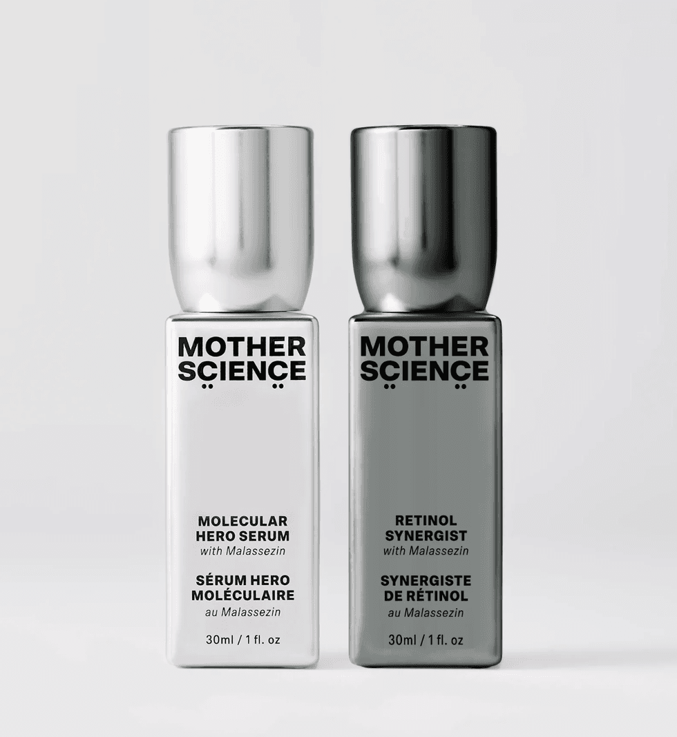 Two bottles of Mother Science skincare serums with shiny caps.