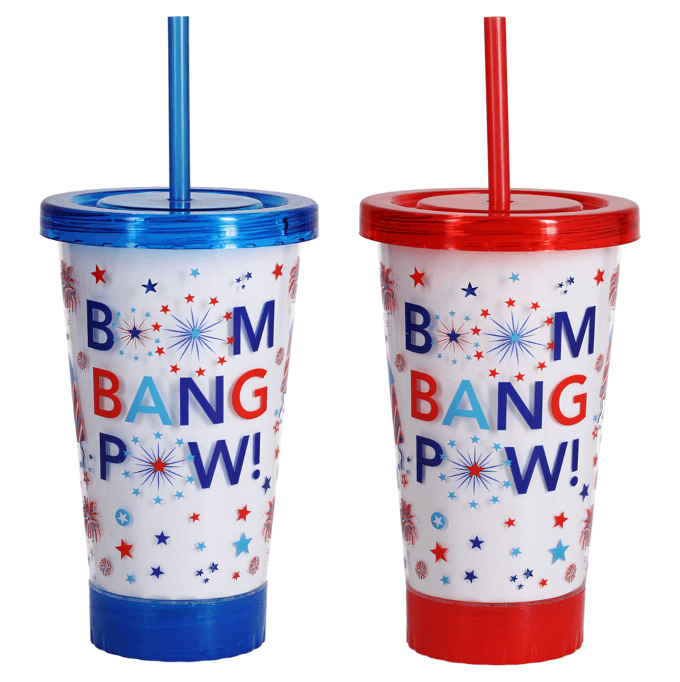 Two festive cups, blue and red, with "BOM BANG POW!" and star designs.