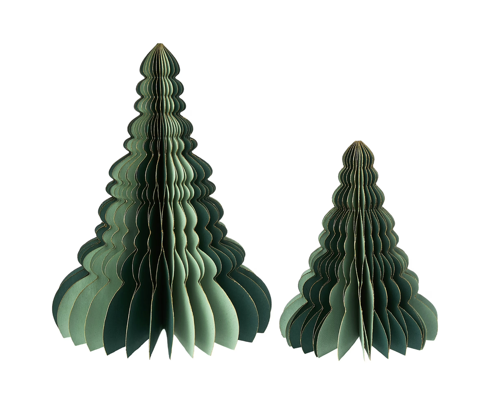 Two green paper trees, one large and one small, on a white background.