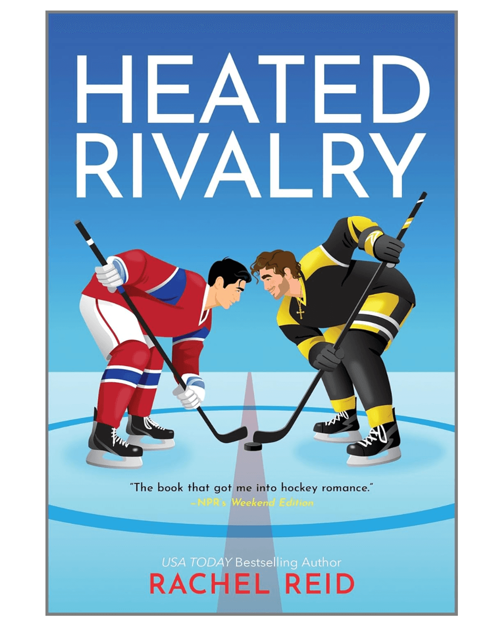 Two hockey players facing off on the "Heated Rivalry" book cover.