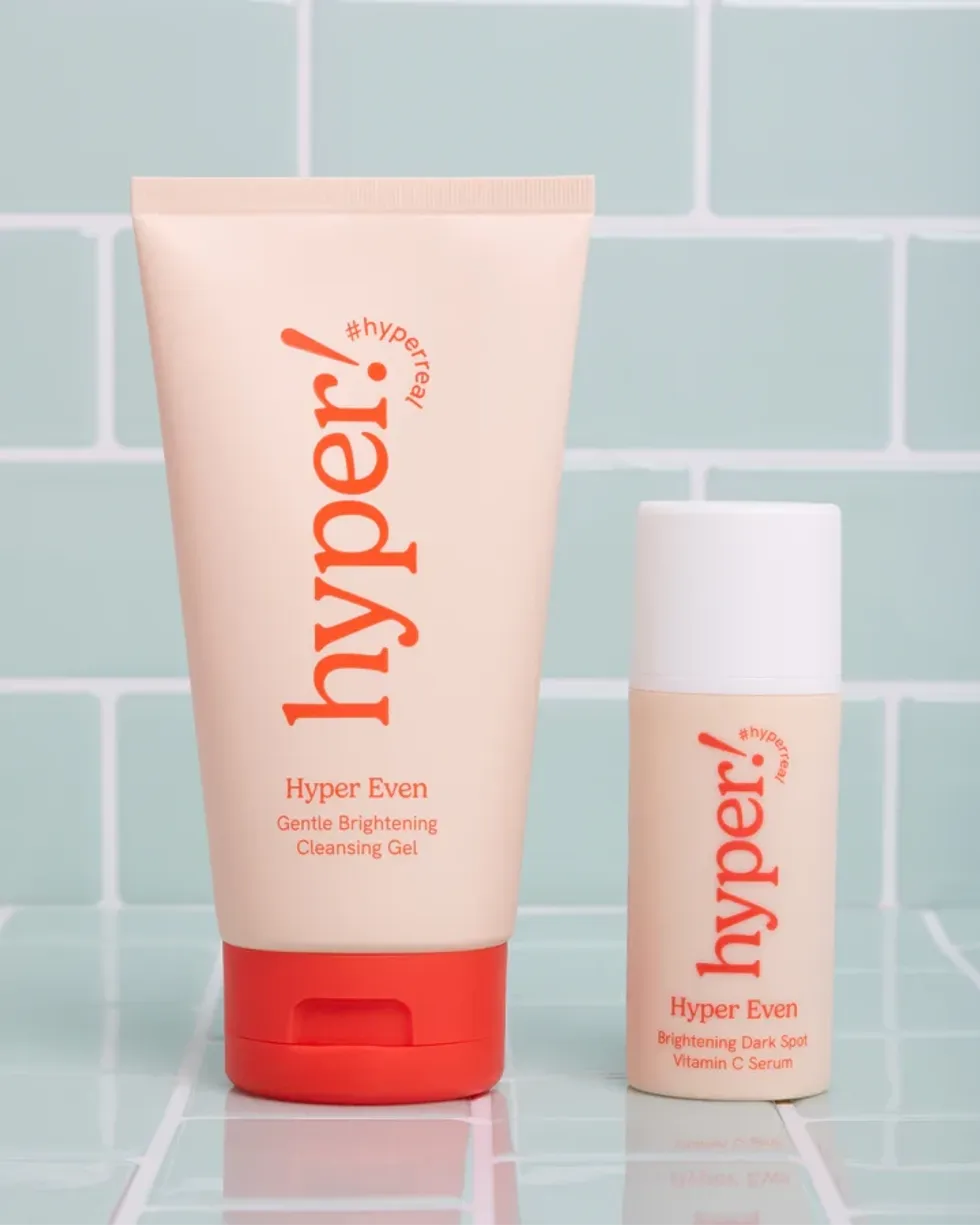 Two Hyper Skin products are pictured in front of light blue tile.