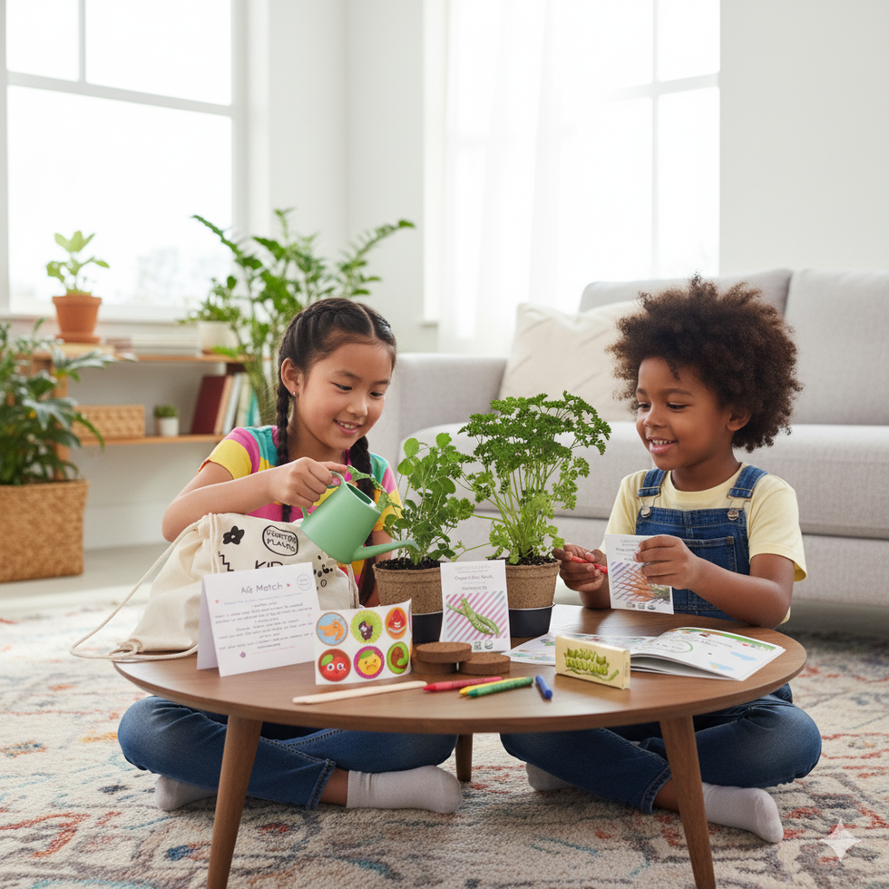 Two kids gardening indoors, watering and reading about plants on a table.