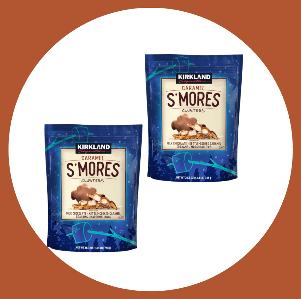 Two Kirkland Caramel S'mores Clusters bags on a brown and white background.