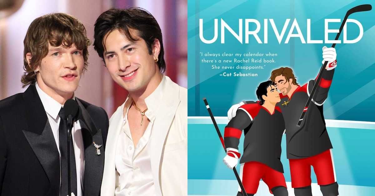 Two men in suits beside a book cover of hockey players embracing.