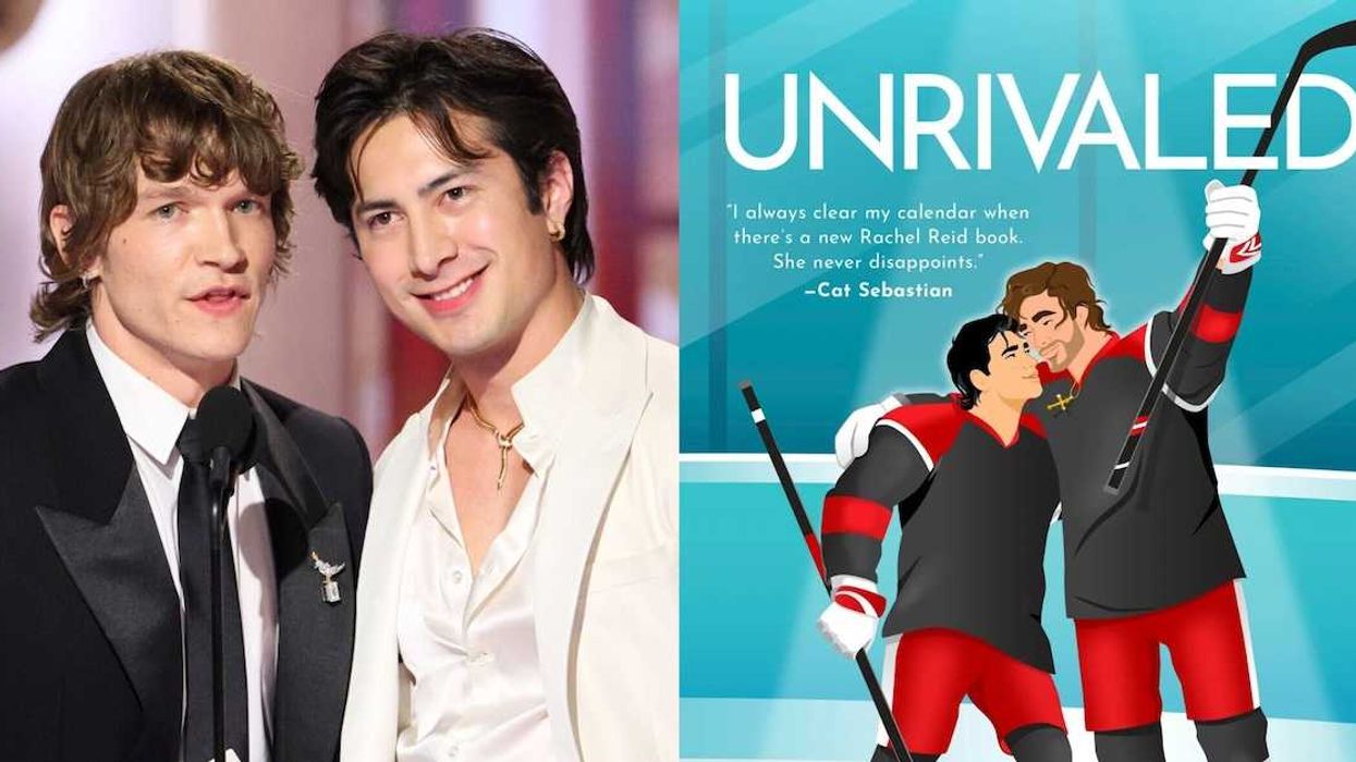 Two men in suits beside a book cover of hockey players embracing.