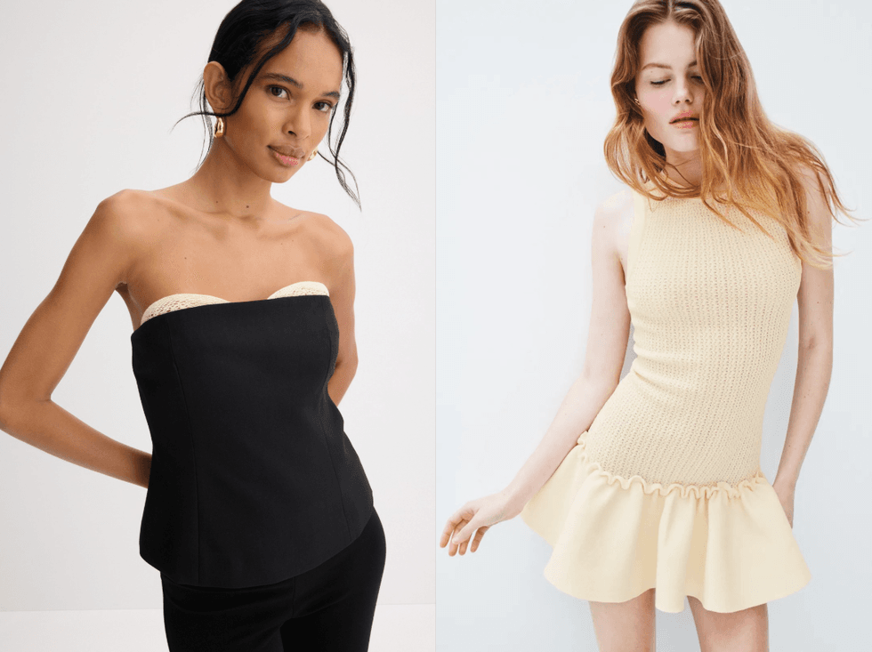 Two models pose in stylish outfits: a black strapless top and a cream knit dress.