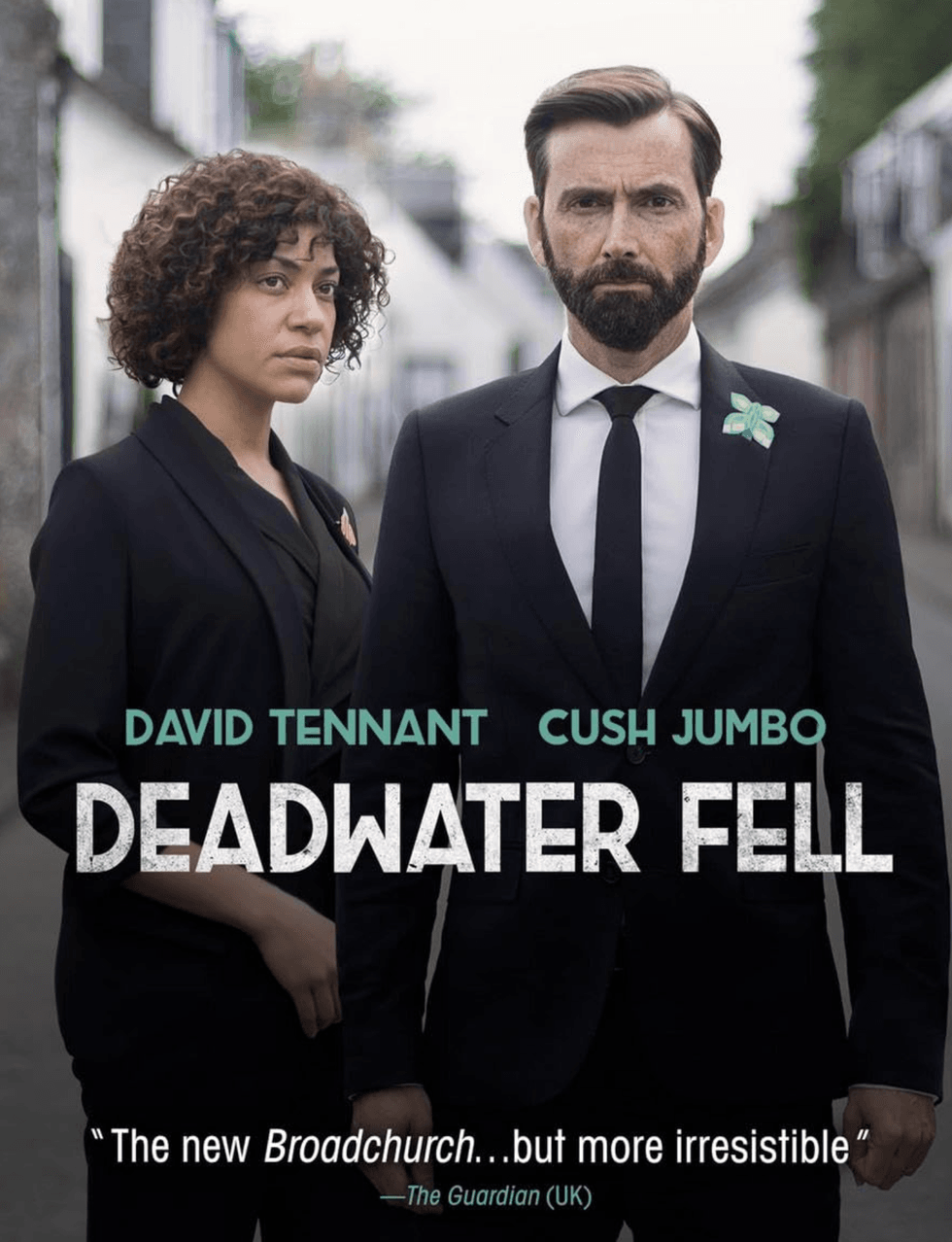 Two people in suits with "Deadwater Fell" and actors' names overlayed.