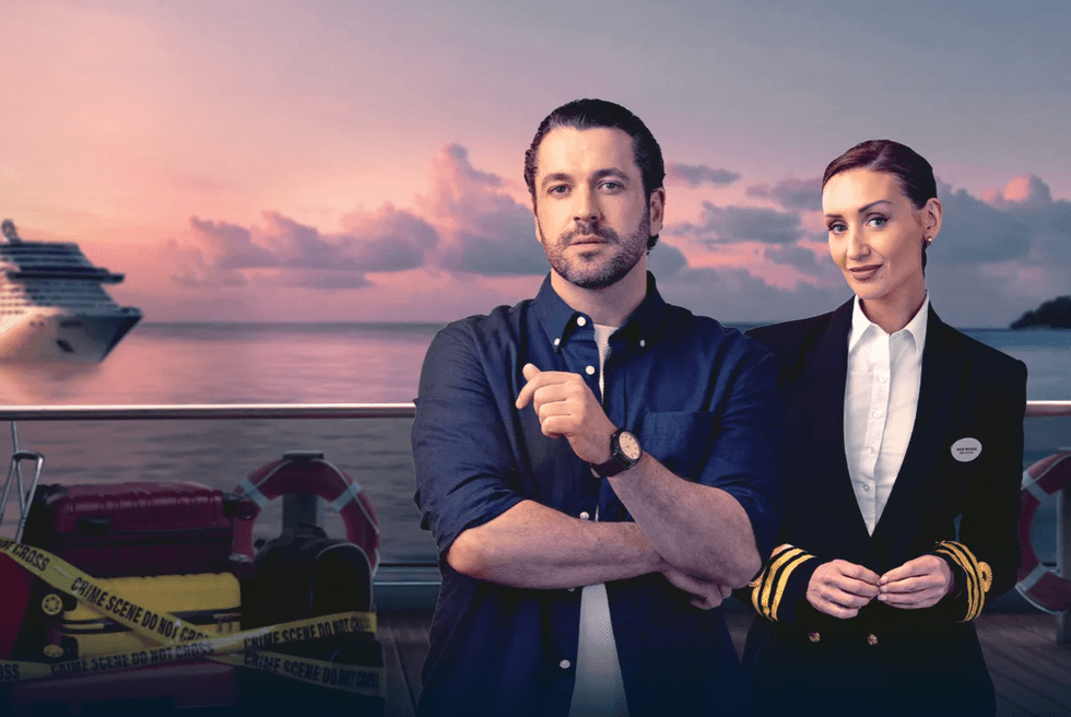 Two people on a cruise ship deck with crime scene tape and a distant sunset.
