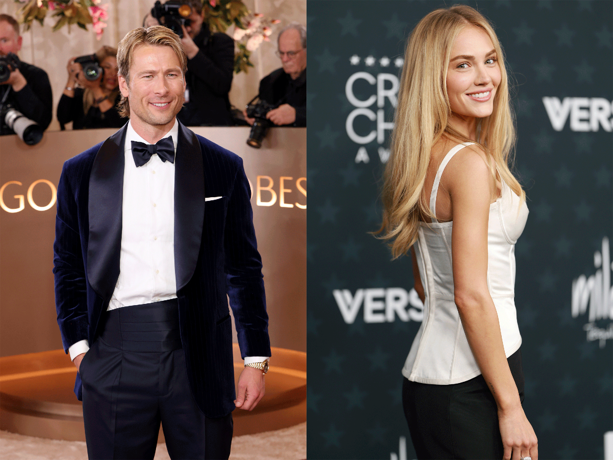 Two people posing at an event; one in a tuxedo, the other in a white top.