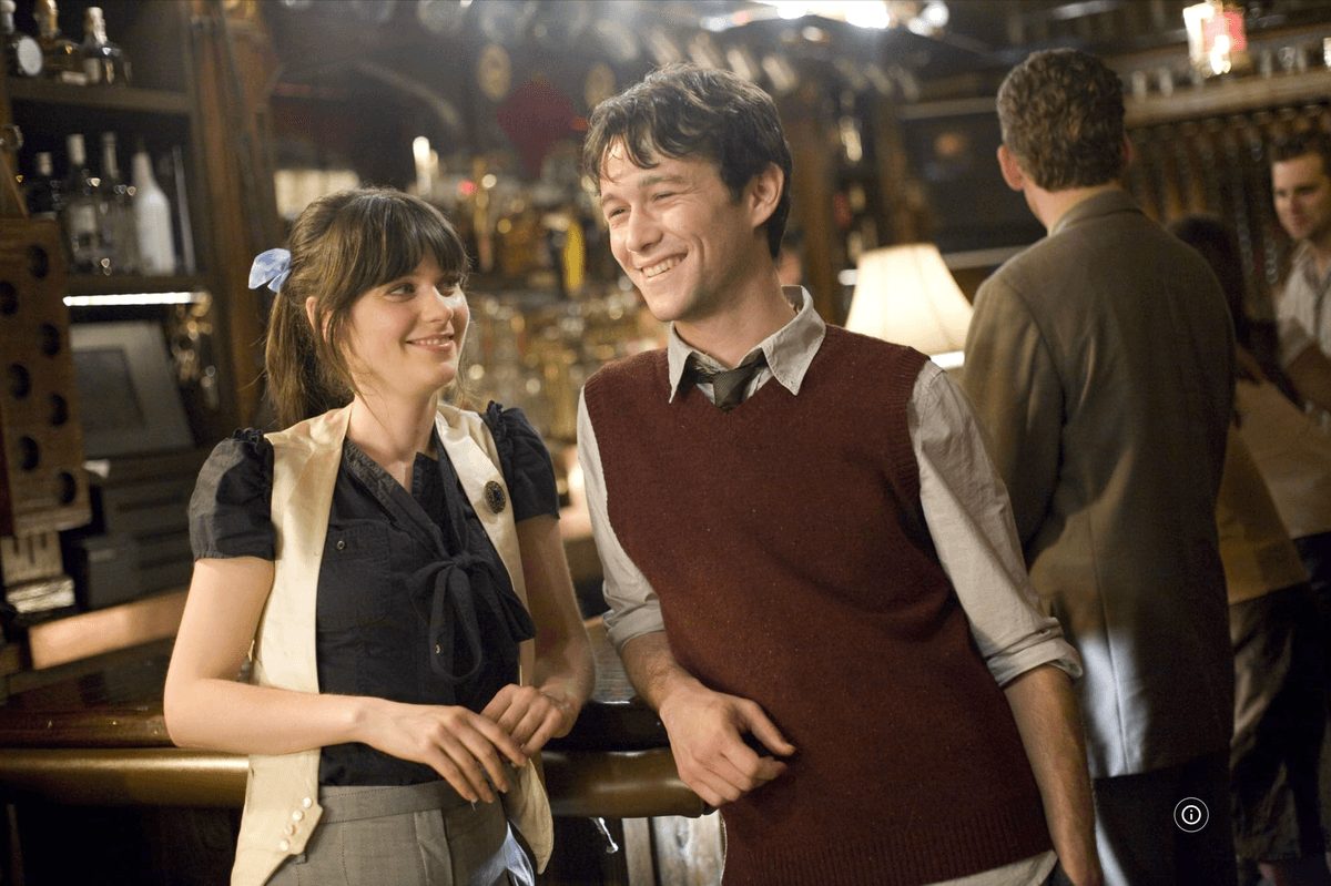 Two people smiling and chatting at a bar with others in the background.