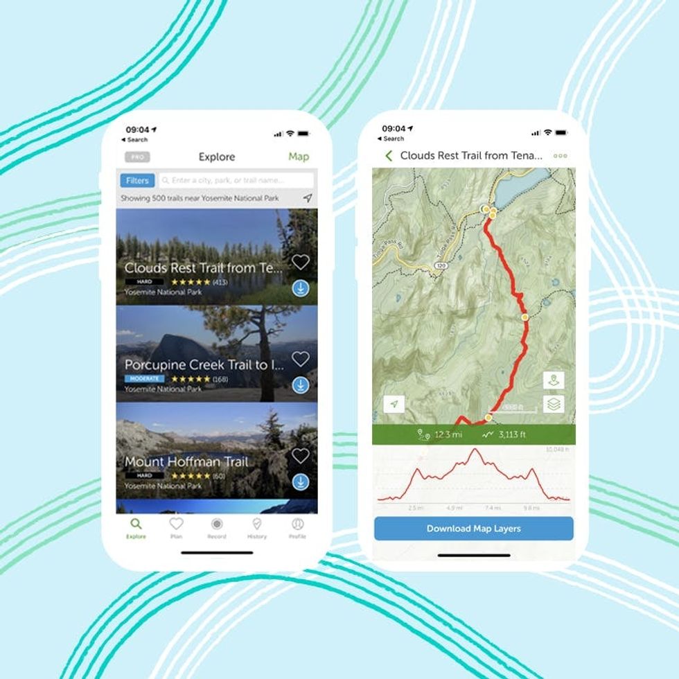 Two phone screens displaying hiking trail maps and details.