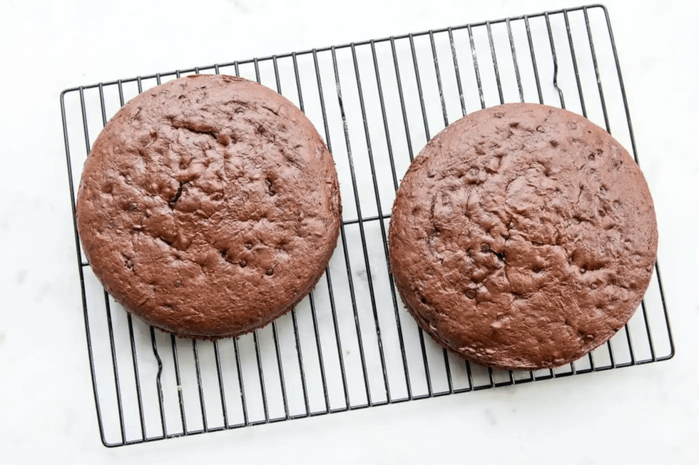 Two round chocolate cakes cooling on a wire rack.