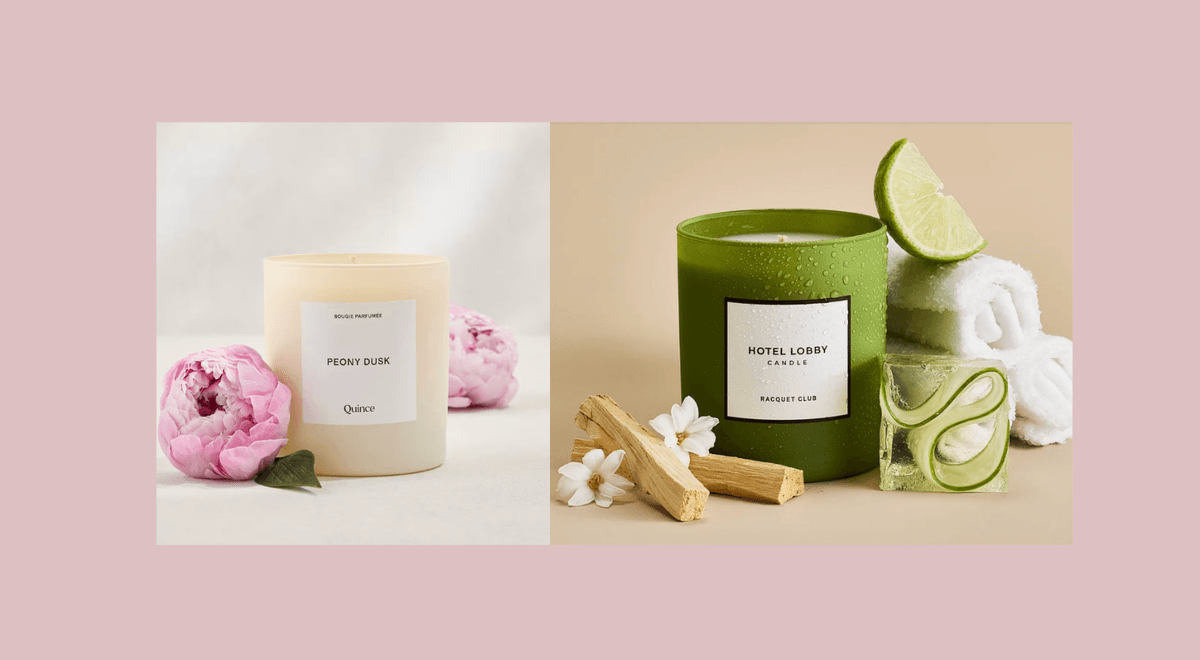Two scented candles with floral and spa-themed decorations.
