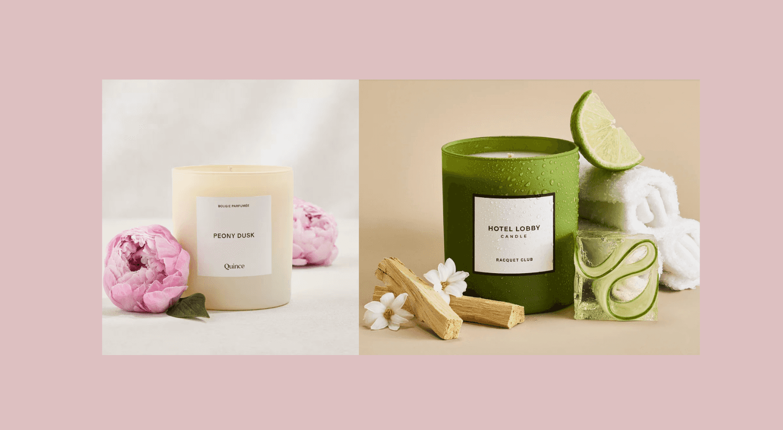 Two scented candles with floral and spa-themed decorations.