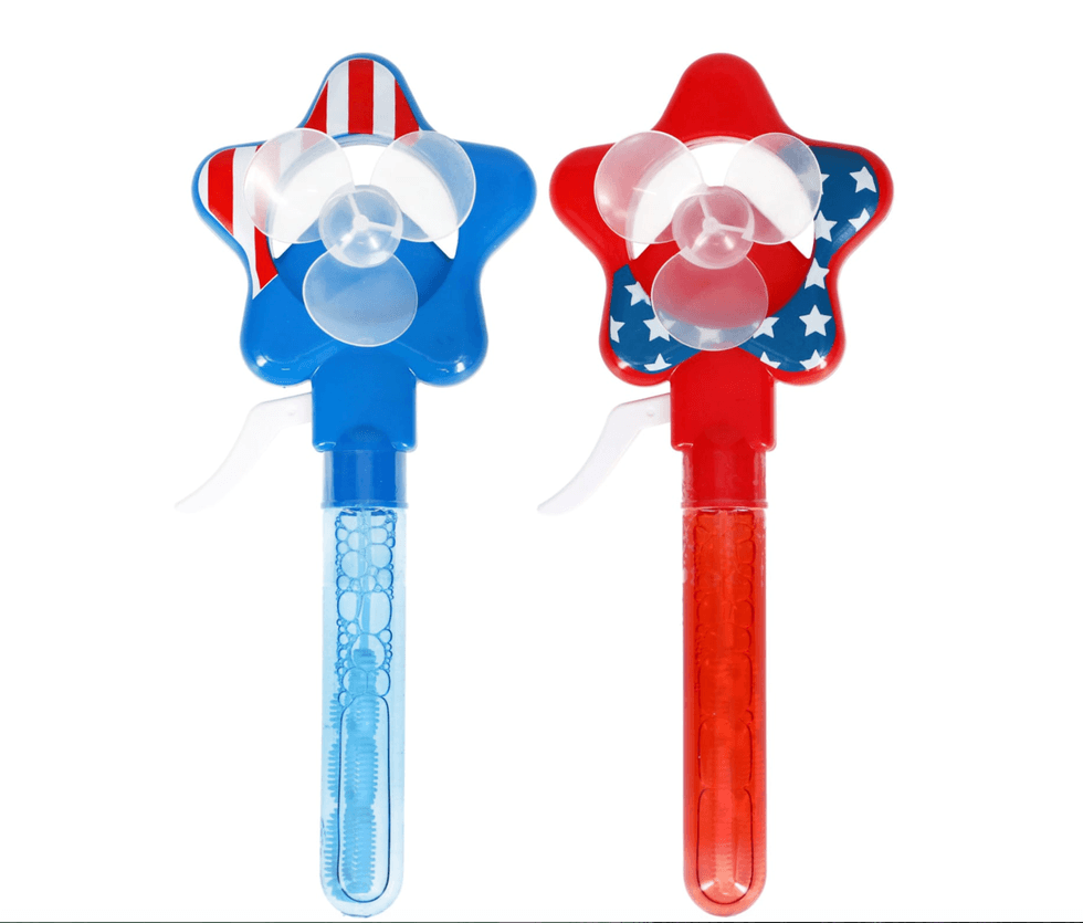 Two star-shaped bubble wands with fans, red and blue, American flag design.
