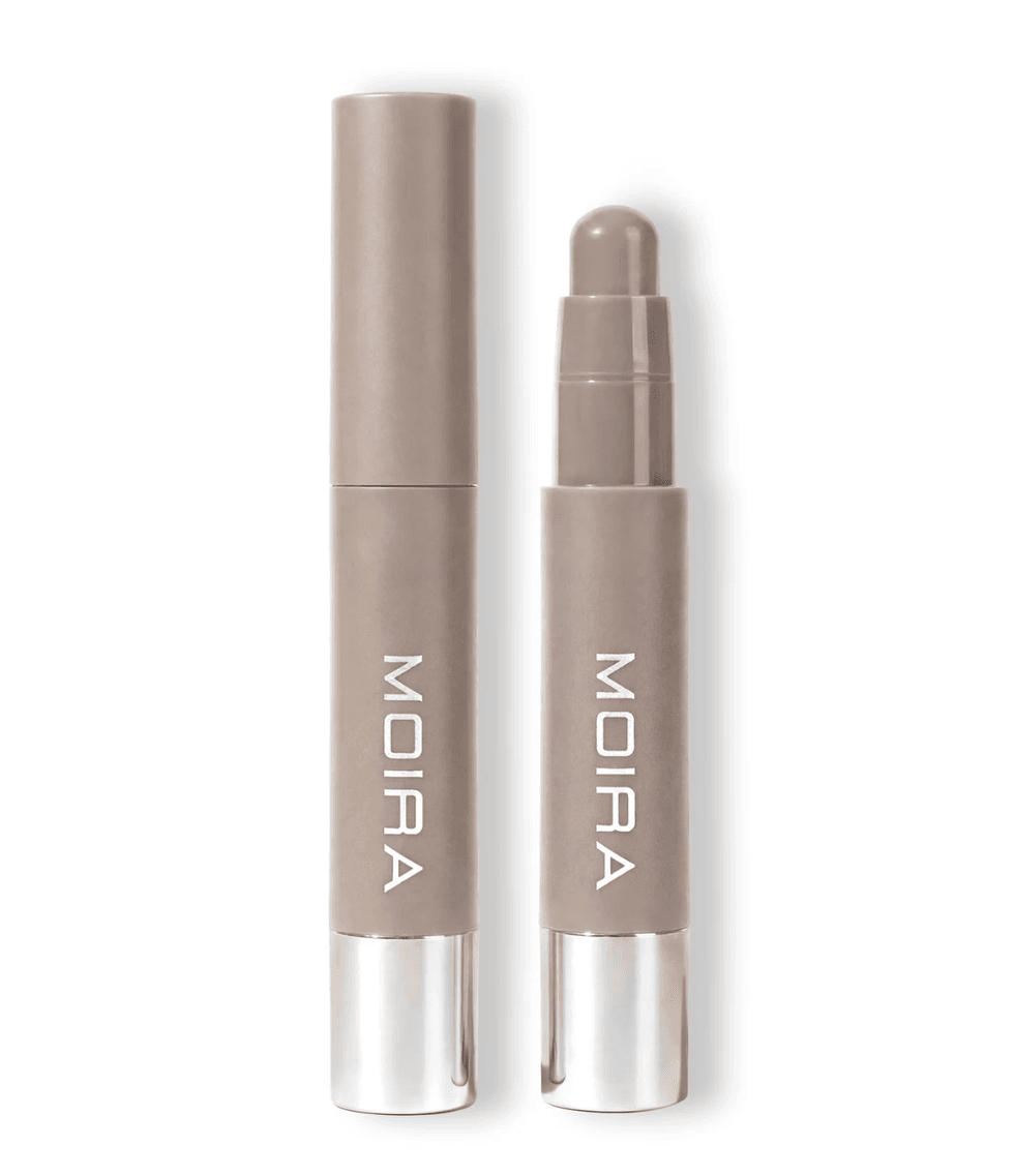Two taupe lipsticks, one capped, one open, with silver accents, labeled "MOIRA."