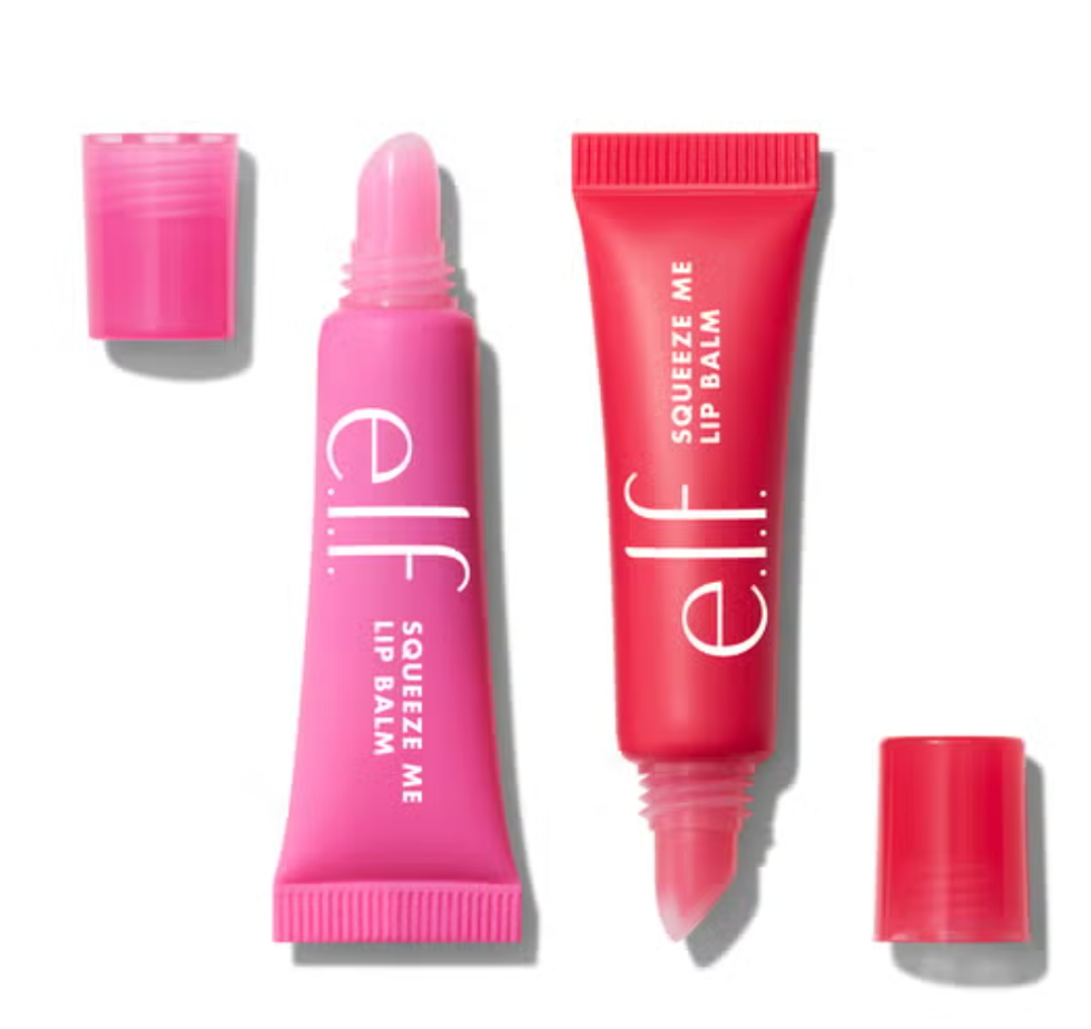 Two tubes of e.l.f. pink and red "Squeeze Me" lip balm with caps removed.