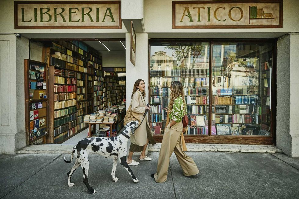 Two women chat outside a bookstore with a Dalmatian on a leash.