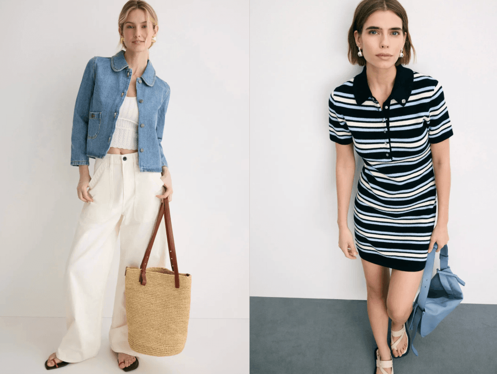 Two women in casual outfits: denim jacket with wide pants, striped dress with a blue bag.