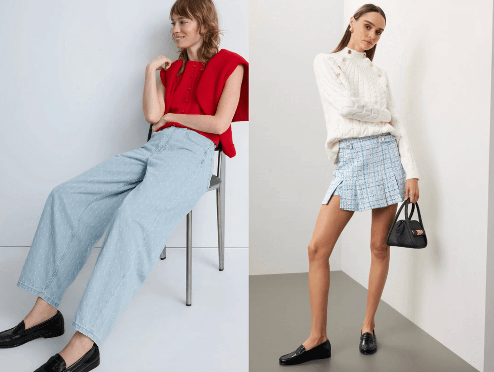 Two women in fashionable outfits, one in jeans, the other in a skirt.