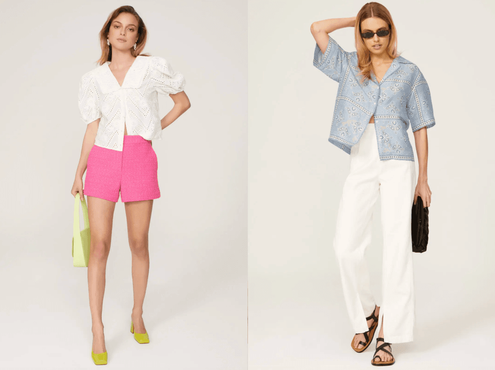 Two women modeling stylish summer outfits in a studio setting.