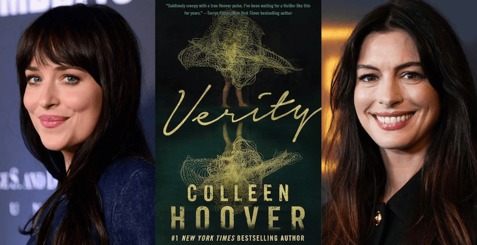 Two women with "Verity" book cover by Colleen Hoover in the center.