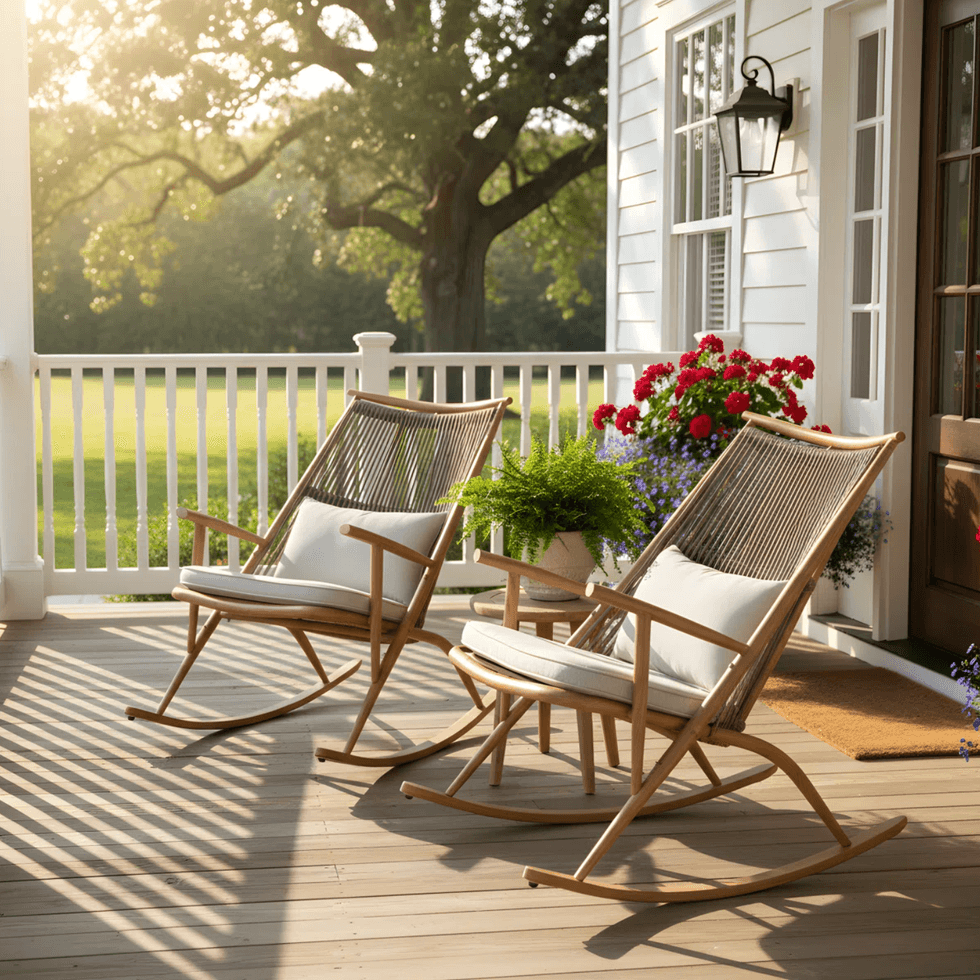 Two wooden rocking chairs on a sunny porch with flowers and greenery.