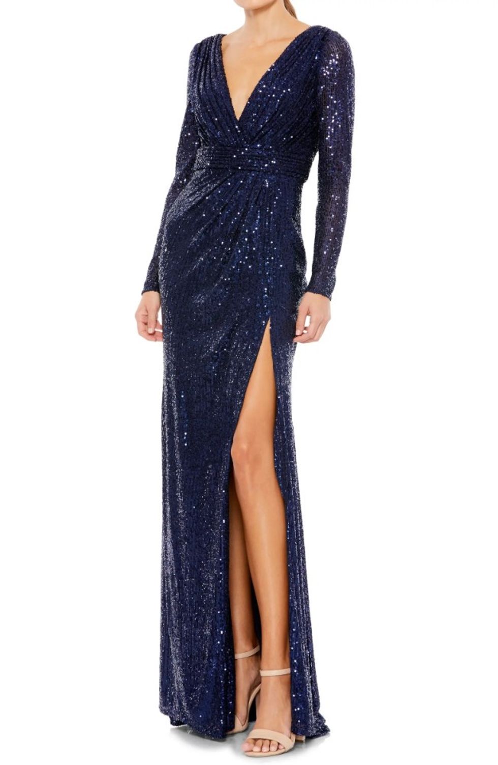 \u200bIeena for Mac Duggal Sequin Long Sleeve Faux Wrap Gown